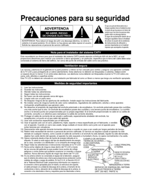 Page 584
Precauciones para su seguridad
  
ADVERTENCIA
NO ABRIR, RIESGO
DE CHOQUE ELECTRICO
  
ADVERTENCIA: Para reducir el riesgo de sufrir una descarga eléctrica, no r\
etire la 
cubierta ni el panel posterior. En el interior no hay piezas que deba reparar el usuario. 
Solicite las reparaciones al personal de servicio calificado.
El rayo con punta de flecha dentro de un 
triángulo equilátero tiene la finalidad de avisar 
al usuario de que hay piezas en el interior del 
producto que si las tocan las personas...