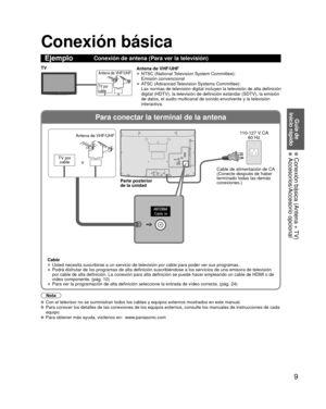 Page 639
Guía de 
inicio rápido
  Conexión básica (Antena + TV) Accesorios/Accesorio opcional
Para conectar la terminal de la antena
Conexión básica
EjemploConexión de antena (Para ver la televisión)
TV por
cable
Antena de VHF/UHFTV Antena de VHF/UHF
• NTSC (National Television System Committee):
Emisión convencional
• ATSC (Advanced Television Systems Committee):
Las normas de televisión digital incluyen la televisión de alta de\
finición 
digital (HDTV), la televisión de definición estándar (SDTV)\
, la...