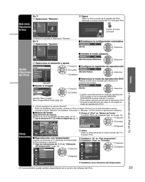 Page 7723
Visión
 Reproducción de un iPod en TV
Modo remoto 
(Reproducción 
de fotos)
En  Opere
 Seleccione “Remoto”Utilice su iPod a través de la pantalla del iPod 
utilizando el control remoto del TV o el propio iPod.
RYGB
MúsicaListas
Artistas
Álbumes
Canciones
Audiolibros
01:02 / 05:23
OKSelecciónSelección
Vídeos
Podcasts
RemotoAjustesMúsica
RETURNCambiará la pantalla al seleccionar “Remoto”.
iPod en operación. Favor de observar la pantalla de su iPod y  utilice el control remoto del TV para...