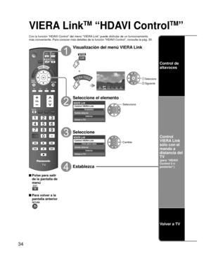 Page 8834
VIERA LinkTM “HDAVI ControlTM”
Con la función “HDAVI Control” del menú “VIERA Link” puede disfrutar de un funcionamiento
más conveniente. Para conocer más detalles de la función “HD\
AVI Control”, consulte la pág. 30.
 Pulse para salir de la pantalla de 
menú
 Para volver a la pantalla anterior
Visualización del menú VIERA Link
VIERA Link
 Seleccione
 Siguiente
o
Seleccione el elemento
Grabador
Interno
Control VIERA Link
Salida altavoz
Volver a TVSeleccione
Seleccione
Cine para casa
Interno
Control...