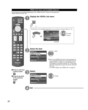 Page 3636
 
VIERA Link menu and Available features
Some features are disabled depending on the “HDAVI Control” version of the equipment. 
Please check the list (p. 32)
 Press to exit from a menu screen
 Press to go back to the previous 
screen
Display the VIERA Link menu
or
 select
 next
(example)
This function is not available depending on your country or area you sel\
ect. (p. 12)
Select the item
Recorder
TV
VIERA Link control
Speaker output
Back to TV
select
 
”Items in the VIERA Link menu may be grayed out...