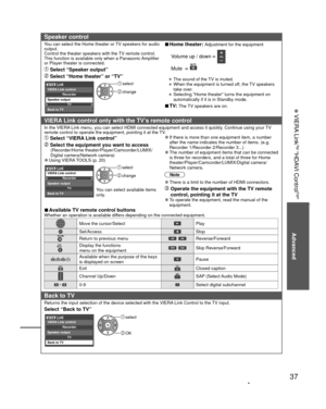 Page 3737
Advanced
 VIERA Link
TM “HDAVI Control
TM”
Speaker control
You can select the Home theater or TV speakers for audio 
output.
Control the theater speakers with the TV remote control.
This function is available only when a Panasonic Amplifier 
or Player theater is connected.
 Select “Speaker output”
 Select “Home theater” or “TV”
 select
 changeRecorder
TVBack to TV VIERA Link control
Speaker output
 
vHome theater: Adjustment for the equipment
  Volume up / down  
 Mute   
• The sound of the TV is...