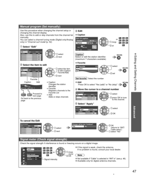 Page 4747
Advanced
 Editing and Setting Channels
Manual program ( Set manually)
Use this procedure when changing the channel setup or 
changing the channel display.
Also, use this to add or skip channels from the channel list 
manually. 
You can select a channel tuning mode (Digital only/Analog 
only) in “Channel surf mode”(p. 52)
 Select “Edit”
Manual programEditCancel
Apply
Caption Favorite Add
2 ...
...
Ye s
3 ...
...
Ye s
4 ...
...
Ye s
5 ...
...
Ye s
6Y
Channel select
 next
 Select the item to edit
Select...