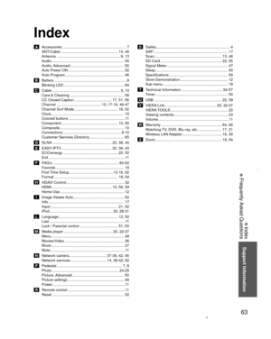 Page 6363
Support Information
 Index
 Frequently Asked Questions
Index
 A  Accessories ............................................................. 7ANT/Cable ....................................................... 13,  46
Antenna ............................................................. 9, 13
Audio ..................................................................\
.... 50
Audio, Advanced .................................................... 50
Auto Power ON...