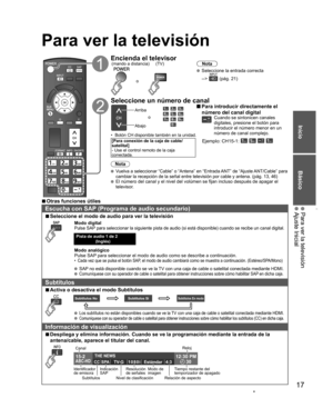 Page 1717
Inicio
Básico
 Para ver la televisión Ajuste Inicial
  Para ver la televisión
Encienda el televisor(TV)
o (mando a distancia)
Nota
  Seleccione la entrada correcta 
--> 
 (pág. 21)
  Seleccione un número de canal
Arriba
Abajoo
•  Botón CH disponible también en la unidad.
[Para conexión de la caja de cable/
satelital]
- Use el control remoto de la caja 
conectada.
 Para introducir directamente el 
número del canal digital
Cuando se sintonicen canales 
digitales, presione el botón para 
introducir el...