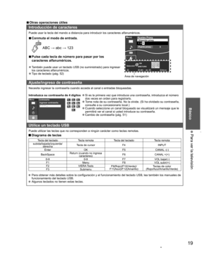 Page 1919
Básico
 Para ver la televisión
  vOtras operaciones útiles
Introducción de caracteres
Puede usar la tecla del mando a distancia para introducir los caracteres alfanuméricos.
  vConmuta el modo de entrada.
 ABC : abc : 123
RETURN OK
1 @.4 GHI7 PQRS2ABC5 JKL8 TUV3 DEF6MNO9 WXYZ0- ,LASTSelección
Borrar ABC : abc
MenúAjustes ProxyDirección proxy
0 Puerto proxy
1  4  8
Área de navegación
  vPulse cada tecla de número para pasar por los 
caracteres alfanuméricos.
  ”También puede usar un teclado USB...