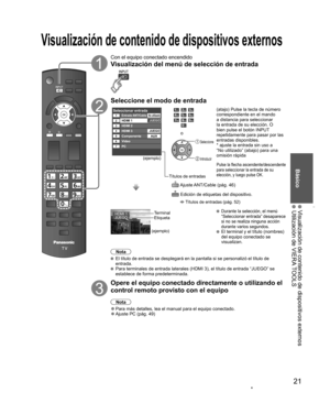 Page 2121
Básico
 Visualización de contenido de dispositivos externos  Utilización de VIERA TOOLS
Con el equipo conectado encendido
Visualización del menú de  selección de entrada
Seleccione el modo de entrada
Seleccionar entradaEntrada ANT/Cable12345
HDMI 1
HDMI 2JUEGO
HDMI 3JUEGO
67PC
ComponenteAUX
Video
No utilizado
(ejemplo)
Títulos de entradas
o
 Seleccione
 Introducir
  Ajuste ANT/Cable (pág. 46)
  Edición de etiquetas del dispositivo. 
 Títulos de entradas (pág. 52)
(atajo) Pulse la tecla de número...