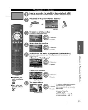 Page 2323
Básico
  Utilización de Reproductor de Medios 
  Visualización de contenidos
  vPulse para salir 
de la pantalla de 
menú
  vPara volver a la 
pantalla anterior 
Inserte un medio (tarjeta SD o Memoria flash USB)•  Ajuste de reproducción automática  Reprod. automática de imágenes (pág. 52)
Visualice el “Reproductor de Medios”
(ejemplo)
o
Seleccione el dispositivo(Dispositivo conectado exhibido)
Reproductor de Medios
Tarjeta de Memoria SD Selec. dispositivoOK
RETURN Selección
 Seleccione
 Aceptar...