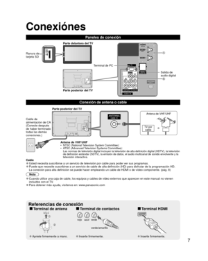 Page 77
 Conexiónes
Paneles de conexión
Cable de 
alimentación de CA 
(Conecte después 
de haber terminado 
todas las demás 
conexiones.)Antena de VHF/UHF
•  NTSC (National Television System Committee):
•  ATSC (Advanced Television Systems Committee):Las normas de televisión digital incluyen la televisión de alta de\
finición digital (HDTV), la televisión 
de definición estándar (SDTV), la emisión de datos, el audio \
multicanal de sonido envolvente y la 
televisión interactiva.
Parte posterior del TV
TV por...