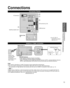 Page 1111
Getting started
 
●Connections 
●Accessories/Optional Accessory
 Connections
Connection Panels
Back of the 
TV
PC terminal
DIGITAL AUDIO  OUT
A
A
C
B
SD card slot (p. 20)
USB terminal
 
●For A, B, C 
connections, please 
refer to p. 12.
 Antenna or Cable  connection
Power Cord
(Connect after 
all the other 
connections have 
been made.) VHF/UHF Antenna
•  NTSC (National Television System Committee):
•  ATSC (Advanced Television Systems Committee):
Digital TV Standards include digital high-definition...