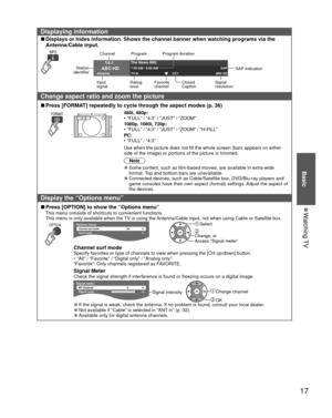 Page 1717
Basic
 
●Watching TV
  Displaying information
 
■Displays or hides information. Shows the channel banner when watching pr\
ograms via the 
Antenna/Cable input. 
14-1
ABC-HD
Antenna 7:00 AM - 8:00 AM
SAP
TV-G CC1 480i SD
The News 480iStation 
identifier Channel Program Program duration
SAP indication
Rating 
level Favorite 
channel Closed 
Caption Signal 
resolution
Input 
signal
 Change aspect ratio and zoom the picture
 
■Press [ FORMAT] repeatedly to cycle through the aspect modes (p. 36)
480i,...