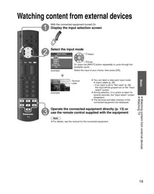 Page 1919
Basic
 
●Watching content from external devices 
●Watching TV
OKINPUT
With the connected equipment turned On
Display the input selection screen
INPUT
Select the input mode
TV
HDMI 1
HDMI 2
HDMI 3
Video1
PC
Comp./Vid...Input select
(example)
 Select
 EnterOr, press the [INPUT] button repeatedly to cycle through the 
available inputs.
Select the input of your choice, then press [OK].
HDMI 3
GAMETerminal
Label
(example)
 
●You can label or skip each input mode  Input Labels (p. 28)
•  If an input is set...