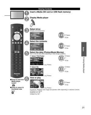 Page 2121
Basic
 
●Using Media player
 Viewing Contents
OK
OPTION
SD/USB
MENU
POWER
 
■Press to exit from 
Media player 
screen
 
■Press to return to 
thumbnail view 
Insert a Media (SD card or USB flash memory)
Display Media player
SD/USB
Select drive(Display connected drive)
Media Player
Drive Select
SD CardEXIT
Select
RETURN
Access
 Select
 OK
Select the contents
  Media Player
Photo Music Movie
 
Contents Select 
SD Card  
EXIT
  Select
  RETURN
 Access
 Select
 OK
Select the data (Photos/Music/Movies)How...