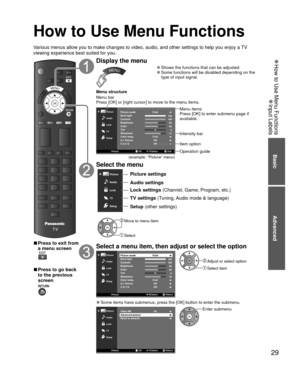 Page 2929
Basic
Advanced
 
●How to Use Menu Functions
 
●Input Labels
  How to Use Menu Functions
Various menus allow you to make changes to video, audio, and other settin\
gs to help you enjoy a TV 
viewing experience best suited for you.
OK
MENU
 
■Press to exit from 
a menu screen
 
■Press to go back 
to the previous 
screen
Display the menu
MENU 
●Shows the functions that can be adjusted. 
●Some functions will be disabled depending on the 
type of input signal.
Menu structure
Lock
TV
Setup
Picture
Audio...