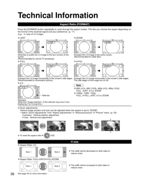 Page 3636
 Technical Information
  Aspect Ratio (FORMAT)
Press the [FORMAT] button repeatedly to cycle through the aspect modes. This lets you choose the aspect depending on 
the format of the received signal and your preference. (p. 17) 
(e.g.:  in case of 4:3 image)
 
●JUST 
● ZOOM
JUST ZOOM 
Stretches to justify the 4:3 image to the four corners of the 
screen. 
(Recommended for normal TV broadcast) Enlarges the 4:3 image to the entire screen. 
(Recommended for Letter Box)
 
●FULL 
●H-FILL
FULL H-FILL...