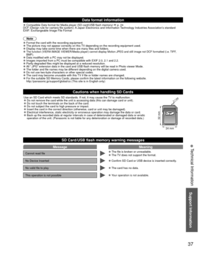 Page 3737
Support Information
 
●Technical Information 
  Data format information
 
●Compatible Data format for Media player (SD card/USB flash memory)  p. 24
DCF (Design rule for camera file system): A Japan Electronics and Information Technology Industries Association’s standard
EXIF: Exchangeable Image File Format
Note
 
●Format the card with the recording equipment. 
●The picture may not appear correctly on this TV depending on the recording equipment used. 
●Display may take some time when there are many...