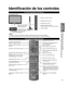 Page 1111
Guía de 
inicio rápido
  Identificación de los controles  Conexión básica (Conexiones del cable AV)
Transmisor de mando a distancia
Identificación de los controles
Controles/indicadores del televisor
S.S.A.C (sistema de seguimiento 
automático de contraste).
Indicador de alimentación
(conectada: rojo, desconectada: apagado)
Nota
  El televisor consume una pequeña cantidad de energía eléctrica \
incluso estando apagado.  No coloque ningún objeto entre el sensor de control remoto del televi\
sor y el...