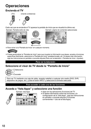 Page 1818
Operaciones
Encienda el TV
o
(mando a distancia) (TV)
Cada vez que se enciende el TV aparece la pantalla de inicio que se visualizó la última vez.
Ejemplo: Pantalla estilo de vida Ejemplo: página de contenido seleccionada
  ●Para volver a la “Pantalla de Inicio” en cualquier momento.
  ●Puede personalizar la “Pantalla de Inicio” para que muestre la información que desea, acceda a funciones 
específicas fácilmente, seleccione la “Pantalla de Inicio” predeterminada, etc. Si desea más información, 
siga...