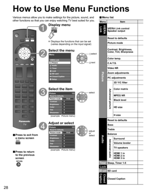 Page 28
28
MenuItemVIERA 
Link
VIERA Link control 
Speaker output
Picture
Reset to defaults
Picture mode
Contrast, Brightness,
Color, Tint, Sharpness
Color temp.
C.A.T.S.
Video NR
Zoom adjustments
PC adjustments
Advanced picture
3D Y/C filter 
Color matrix
MPEG NR
Black level
HD size
H size
Audio
Reset to defaults
Bass
Treble
Balance
Advanced audioSurround
Volume leveler
TV speakers
HDMI 1 in
HDMI 2 in
HDMI 3 in
TimerSleep, Timer 1-5
Lock
SD cardSD cardClosed 
Caption
Closed Caption
How to Use Menu Functions
■...