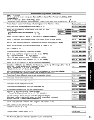 Page 29
29
Advanced
 How to Use Menu Functions(picture, sound quality, etc.)
 In AV mode, the Audio menu and Setup menu give fewer options.
Adjustments/Configurations (alternatives)
[VIERA Link control]
Selects equipment to access and operate.  (Recorder/Home theater/Player/Camcorder/LUMIX)  (p. 36-37)
[Speaker output]
Selects an audio output.  (Home theater/TV) (p. 36-37)
• VIERA Link menu is accessible directly by pressing the VIERA Link button on the remote control.   (p. 36)
Resets all picture adjustments...