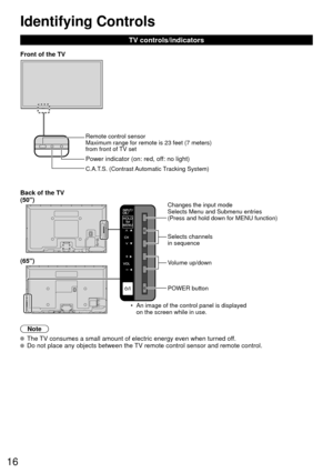 Page 1616
Identifying Controls
TV controls/indicators
Note
  The TV consumes a small amount of electric energy even when turned off.  Do not place any objects between the TV remote control sensor and remote control.
•  An image of the control panel is displayed on the screen while in use.
C.A.T.S. (Contrast Automatic Tracking System)
 Power indicator ( on: red, off: no light)
Front of the TV
Remote control sensor
Maximum range for remote is 23 feet (7 meters) 
from front of TV set
Back of the TV
(50)
Volume...