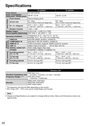 Page 2222
Specifications
TC-50PS64TC-65PS64
Power Source AC 120 V
 , 60 Hz
Power Consumption
(Rated power / Standby power)296 W / 0.2 W 345 W / 0.2 W
Display PanelPanel SystemPlasma Display panel
Screen size 50 ” class
(49.9 inches measured diagonally) 65 ” class 
(64.7 inches measured diagonally)
W × H × Diagonal 43.5 ” × 24.4 ” × 49.9 ”
(1,106 mm × 622 mm × 1,269 mm) 56.4 ” × 31.7 ” × 64.7 ”
(1,434 mm × 807 mm × 1,646 mm)
Number of pixels 1,920 × 1,080
Speaker Output 20 W [10 W + 10 W] (10 % THD)
Channel...