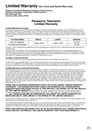 Page 2323
 Limited Warranty (for U.S.A. and Puerto Rico only)
Panasonic Consumer Marketing Company of North America,
Division of Panasonic Corporation of North America
One Panasonic Way
Secaucus, New Jersey 07094
Panasonic TelevisionLimited Warranty
Limited Warranty CoverageIf your product does not work properly because of a defect in materials \
or workmanship, Panasonic Consumer Marketing Company of 
North America (referred to as “the warrantor”) will, for the length of\
 the period indicated on the chart...