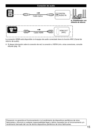 Page 1515
  Conexión de audio
Cable HDMIHDMI OUT (ARC)
Cable óptico
DIGITAL 
AUDIO IN
ej. Amplificador con
sistema de altavoz
La conexión HDMI está disponible si el equipo de audio conectado t\
iene la función ARC (Canal de 
retorno de audio).
  Si desea información sobre la conexión de red, la conexión a VI\
ERA Link u otras conexiones, consulte 
eAyuda (pág. 19).
Panasonic no garantiza el funcionamiento ni el rendimiento de dispositiv\
os periféricos de otros 
fabricantes y renuncia a cualquier...