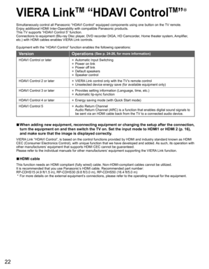 Page 2222
Simultaneously control all Panasonic “HDAVI Control” equipped components using one button on the TV remote.
Enjoy additional HDMI Inter-Operability with compatible Panasonic produc\
ts.
This TV supports “HDAVI Control 5” function.
Connections to equipment (Blu-ray Disc player, DVD recorder DIGA, HD Camcorder, Home theater system, Amplifier, 
etc.) with HDMI cables enables VIERA Link controls.
Equipment with the “HDAVI Control” function enables the following operations:
VersionOperations (See p. 24-26,...