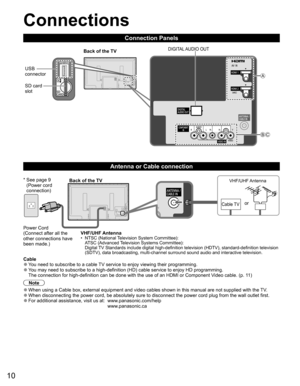 Page 1010
 Connections
Connection Panels
Power Cord
(Connect after all the 
other connections have 
been made.)VHF/UHF Antenna
•  NTSC (National Television System Committee):
ATSC (Advanced Television Systems Committee):
Digital TV Standards include digital high-definition television (HDTV), standa\
rd-definition television 
(SDTV), data broadcasting, multi-channel surround sound audio and inte\
ractive television.
Back of the TV
Cable TV
VHF/UHF Antenna
or
*  See page 9 
(Power cord 
connection)
  Antenna or...