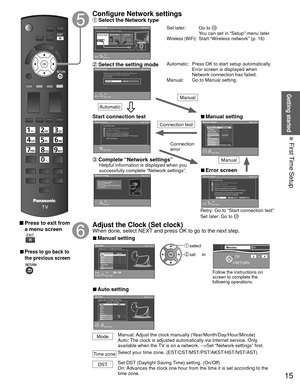 Page 1515
Getting started
 First Time Setup
 Press to exit from a menu screen
 
 
■Press to go back to 
the previous screen
Configure   Network settings Select the Network type
Network settings
Step 6 of 7
RETURNOK
Select
Automatic Manual
Checks for proper network connection, settings and 
communication to the Internet and server 
automatically.
Network settings
Step 6 of 7
Ethernet cableWireless(Wifi) Set later
ReturnOK
Select
Select Ethernet cable of wireless network.
 Select the setting mode
Network...