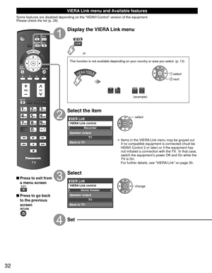 Page 3232
 VIERA Link menu and Available features
Some features are disabled depending on the “HDAVI Control” version of the equipment. 
Please check the list (p. 28)
 Press to exit from a menu screen
 Press to go back to the previous 
screen
Display the VIERA Link menu
or
 select
 next
(example)
This function is not available depending on your country or area you sel\
ect. (p. 13)
Select the item
Recorder
TV
VIERA Link control
Speaker output
Back to TV
select
• Items in the VIERA Link menu may be grayed out...