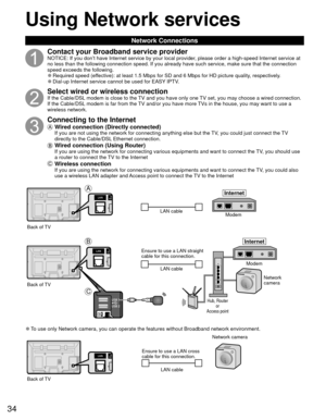 Page 3434
Using  Network services
 Network Connections
Contact your Broadband service providerNOTICE: If you don’t have Internet service by your local provider, please order a high-speed Internet service at 
no less than the following connection speed. If you already have such se\
rvice, make sure that the connection 
speed exceeds the following.
 
●Required speed (effective): at least 1.5 Mbps for SD and 6 Mbps for HD picture quality, respectively. 
●Dial-up Internet service cannot be used for EASY IPTV....