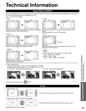 Page 4949
Support Information
 Technical Information
 Ratings List for parental control
 Technical Information
 Aspect Ratio (FORMAT)
Press the FORMAT button to cycle through the aspect modes. This lets you choose the aspect depending on the format 
of the received signal and your preference. (p. 18) 
(e.g.:  in case of 4:3 image)
 
●FULL 
●JUST
FULL JUST 
Enlarges the 4:3 image horizontally to the screen’s side edges.
(Recommended for anamorphic picture) Stretches to justify the 4:3 image to the four corners...