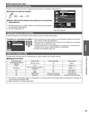 Page 1919
Básico
 Para ver la televisión
 
■Otras operaciones útiles
Introducción de caracteres
Puede usar la tecla del mando a distancia para introducir los caracteres\
 alfanuméricos.
 
■Conmuta el modo de entrada.
 ABC → abc → 123
RETURN OK
1 @.4 GHI7 PQRS2ABC5 JKL8 TUV3 DEF6MNO9 WXYZ0 - ,LASTSelección
Borrar
ABC  → abc
MenúAjustes ProxyDirección proxy
0
Puerto proxy
1  4  
8
Área de navegación
 
■Pulse cada tecla de número para pasar por los caracteres 
alfanuméricos.
 
●También puede usar un teclado USB...