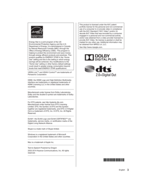 Page 33English
This product is licensed under the AVC patent 
portfolio license for the personal and non-commercial 
use of a consumer to (i) encode video in compliance 
with the AVC Standard (“AVC Video”) and/or (ii) 
decode AVC Video that was encoded by a consumer 
engaged in a personal and non-commercial activity 
and/or was obtained from a video provider licensed to 
provide AVC Video. No license is granted or shall be 
implied for any other use. Additional information may 
be obtained from MPEG LA, LLC....
