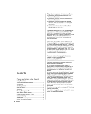Page 22English
  This product incorporates the following software:
  (1)  the software developed independently by or for 
Panasonic Corporation,
  (2)  the software owned by third party and licensed to 
Panasonic Corporation,
  (3)  the software licensed under the GNU LESSER 
GENERAL PUBLIC LICENSE Version 2.1 (LGPL 
V2.1) and/or,
  (4)  open sourced software other than the software 
licensed under the LGPL V2.1.
 
  The software categorized as (3) and (4) are distributed 
in the hope that it will be useful,...