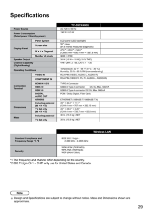 Page 29      29
Specifications
TC-55CX400UPower SourceAC 120 V, 60 Hz
Power Consumption
(Rated power / Standby power) 190 W / 0.5 W
Display Panel Panel System
LCD panel (LED backlight)
Screen size 55 " class
(54.6 inches measured diagonally)
W × H × Diagonal 47.6 " × 26.8 " × 54.6 "
(1209.6 mm × 680.4 mm × 1387.8 mm)
Number of pixels 3840 × 2160
Speaker Output 20 W [10 W + 10 W] (10 % THD)
Channel Capability
(Digital/Analog) VHF/ UHF: 2 - 69, CATV: 1 - 135
Operating Conditions Temperature: 32 °F...