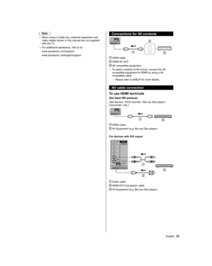 Page 11  Note
●  
When using a Cable box, external equipment and 
video cables shown in this manual are not supplied 
with the TV.
●  
For additional assistance, visit us at:
  www.panasonic.com/support
  www.panasonic.ca/english/support
 
  Connections for 4K contents
 
  HDMI cable
 
 HDMI AV OUT
 
 4K compatible equipment
●  
To watch contents of 4K format, connect the 4K 
compatible equipment to HDMI by using a 4K 
compatible cable.
  • 
Please refer to eHELP for more details.
 
AV cable connection
 
To use...