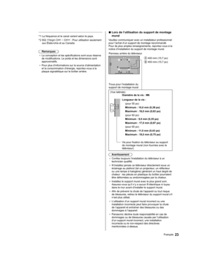Page 69 *1  La fréquence et le canal varient selon le pays.
 * 2  802.1

1b/g/n CH1 ~ CH11 : Pour utilisation seulement 
aux États-Unis et au Canada.
 Remarques
●   La conception et les spécifications sont sous réserve 
de modifications. Le poids et les dimensions sont 
approximatifs.
●   Pour plus d’informations sur la source d’alimentation 
et la consommation d’énergie, reportez-vous à la 
plaque signalétique sur le boîtier arrière.■  Lors de l’utilisation du support de montage
mural
 Veuillez communiquer...