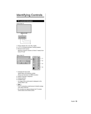 Page 15   
Identifying Controls
 
TV controls/indicators
 
 
Front of the TV
  1
  2
  3
  1 
Power indicator (On: red, Off: no light)
  2 
C.A.T.S. (Contrast Automatic Tracking System)
  3 
Remote Control sensor
  