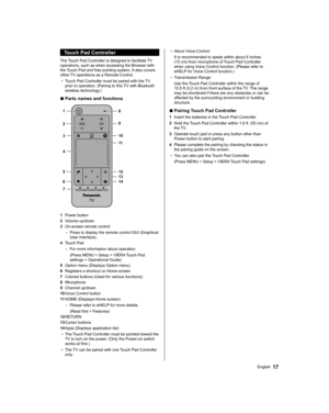 Page 17  Touch Pad Controller
 
The Touch Pad Controller is designed to facilitate TV 
 VIERA Touch Pad 
settings > Operational Guide)
  5 
Option menu (Displays Option menu)
  6 
Registers a shortcut on Home screen
  7 
Colored buttons (Used for various functions)
  8 
Microphone
  9 
Channel up/down
  10 
Voice Control button
  11 
HOME (Displays Home screen)
  • 
Please refer to eHELP for more details.
  (Read first > Features)
  12 
RETURN
  13 
Cursor buttons
  14 
Apps (Displays application list)
●  
The...