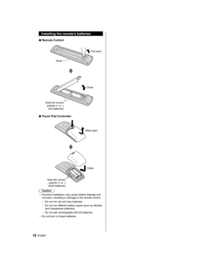 Page 18  Installing the remote’s batteries
  ■ 
Remote Control
 
 
Pull open
  Hook
 
 
 
Note the correct 
polarity (+ or -) 
(AA batteries)  Close
  ■ 
Touch Pad Controller
 
 
Slide open
 
 
 
Close
  Note the correct 
polarity (+ or -) 
(AAA batteries)
  Caution
●  
