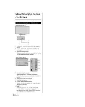 Page 46   
Identificación de los 
controles
  Controles/indicadores del televisor
 
 
Parte delantera del TV
  1
  2
  3
  1 
Indicador de encendido (encendido: rojo, apagado: 
sin luz)
  2 
S.S.A.C. (sistema de seguimiento automático de 
contraste)
  3 
Sensor del control remoto
  