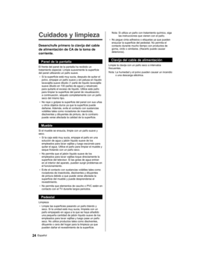 Page 54   
Cuidados y limpieza
 
Desenchufe primero la clavija del cable 
de alimentación de CA de la toma de 
corriente.
  Panel de la pantalla
 
El frente del panel de la pantalla ha recibido un 
