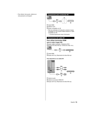 Page 43●   Para obtener más ayuda, visítenos en:
  www.panasonic.com/support
   Conexiones para contenido 4K
 
  Cable HDMI
 
 HDMI AV OUT
 
 Equipo compatible con 4K
●   