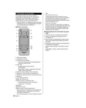 Page 48  Controlador de panel táctil
 
El controlador de panel táctil ha sido diseñado 
para facilitar las operaciones del TV, como acceder 
al Explorador con el panel táctil y el sistema de 
señalamiento libre. Como control remoto, también 
puede utilizarse para otras operaciones del TV.
●    Ajustes del Panel Táctil 
VIERA > Guía de operación)
  5 
Menú Opciones (muestra el menú Opciones)
  6 
Registra un acceso directo en la pantalla Inicio
  7 
 Funciones)
  12 
VOLVER
  13 
Botones de cursor
  14 
Apps...