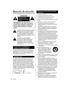 Page 62  Précautions de sécurité importantes 
(Téléviseur)
  1)    Lisez ces instructions.
  2)    Conservez ces instructions en lieu sûr.
  3)    Respectez toutes les consignes de sécurité.
  4)    Suivez toutes les instructions fournies.
  5)    