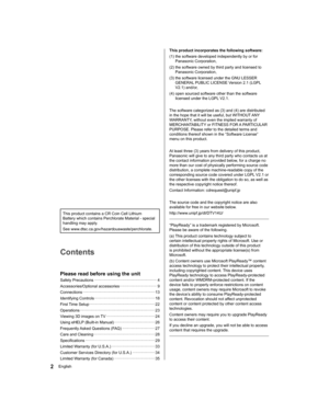 Page 22English
  This product incorporates the following software:
  (1)  the software developed independently by or for 
Panasonic Corporation,
  (2)  the software owned by third party and licensed to 
Panasonic Corporation,
  (3)  the software licensed under the GNU LESSER 
GENERAL PUBLIC LICENSE Version 2.1 (LGPL 
V2.1) and/or,
  (4)  open sourced software other than the software 
licensed under the LGPL V2.1.
 
  The software categorized as (3) and (4) are distributed 
in the hope that it will be useful,...