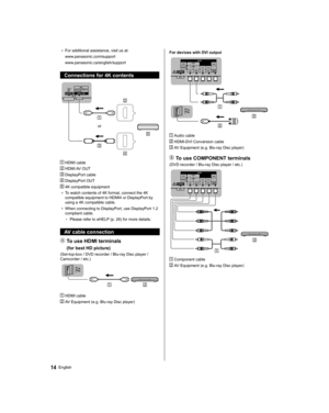 Page 1414English
●  
For additional assistance, visit us at:
  www.panasonic.com/support
  www.panasonic.ca/english/support
 
Connections for 4K contents
 
 
or
 
 HDMI cable
 
 HDMI AV OUT
 
 DisplayPort cable
 
 DisplayPort OUT
 
 4K compatible equipment
●  
To watch contents of 4K format, connect the 4K 
compatible equipment to HDMI4 or DisplayPort by 
using a 4K compatible cable.
●  
When connecting to DisplayPort, use DisplayPort 1.2 
compliant cable.
  • 
Please refer to eHELP (p. 26) for more details....